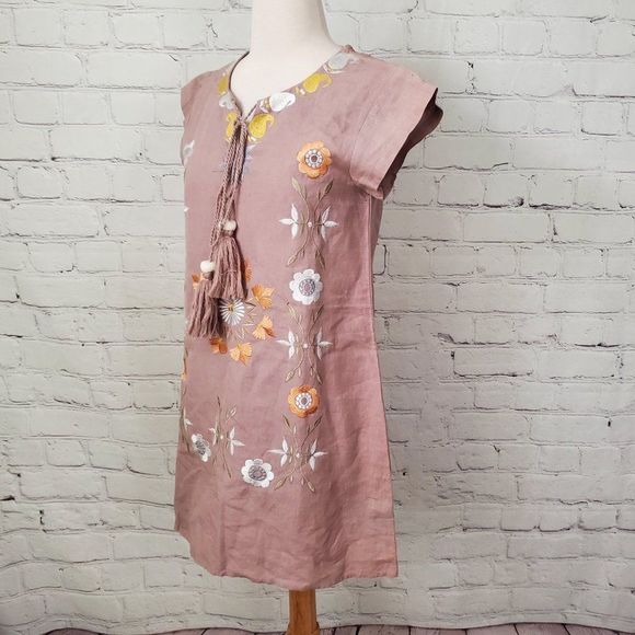 𝅺Bindu Peasant Dress Linen Floral S - Picture 2 of 5